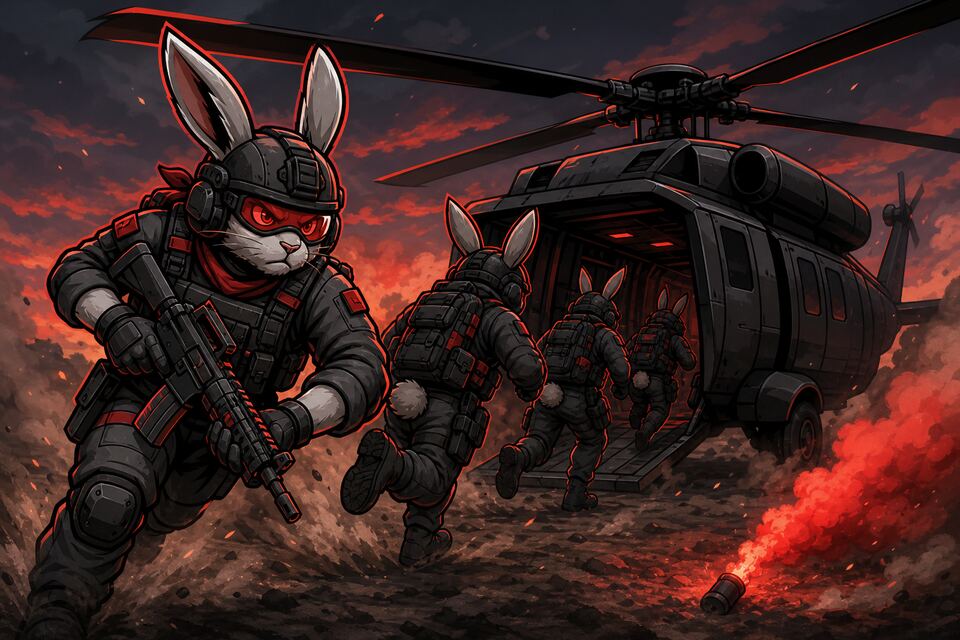 Illustration: Hasen-Soldaten rennen bei rotem Rauch zum wartenden Hubschrauber