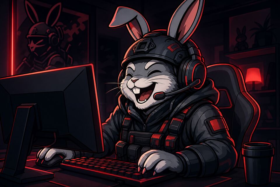 Illustration: Hasen-Soldat mit Headset lacht am Gaming-Schreibtisch ins Mikrofon